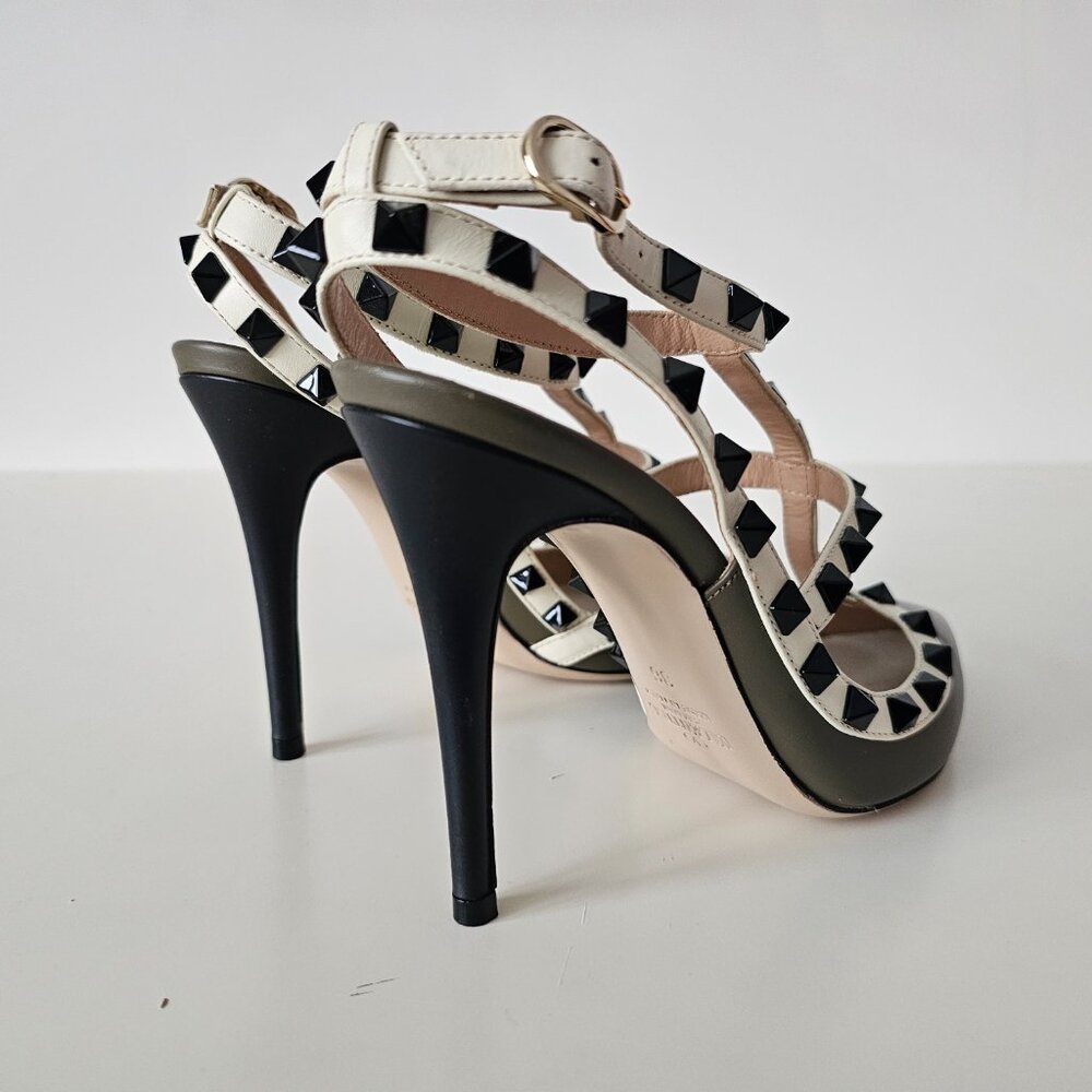 AUTH VALENTINO GARAVANI Rockstud Taupe Green Ankle Strap Shoe Heels 36/6, 100mm - Picture 9 of 15